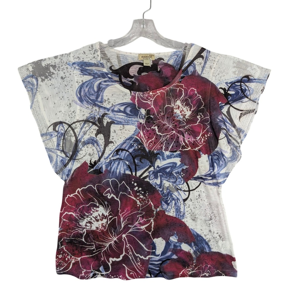 One World Floral Rhinestone Top M White Burgundy Dolman Sleeve Boho Chic Blouse